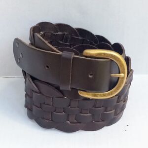 Gap Woven Braided Cow Leather Belt-Small-Wide-Brass Buckle-Dark Brown-Boho